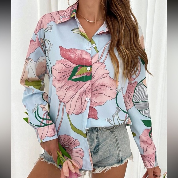 Tops - Boho gypsy button up floral print long sleeve shirt